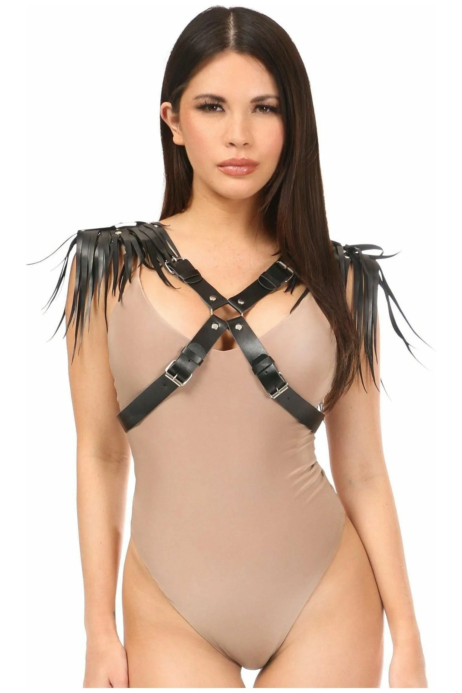 Black Vegan Leather Body Harness w/Shoulder Fringe