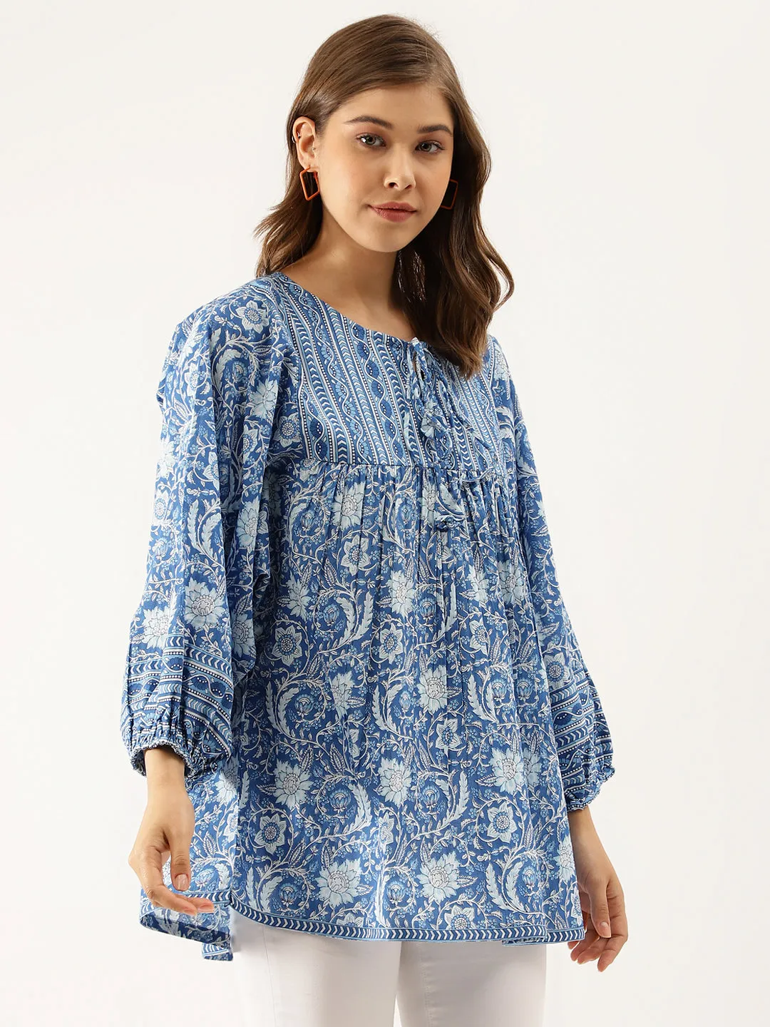 Blue  Printed Cotton Peplum Top