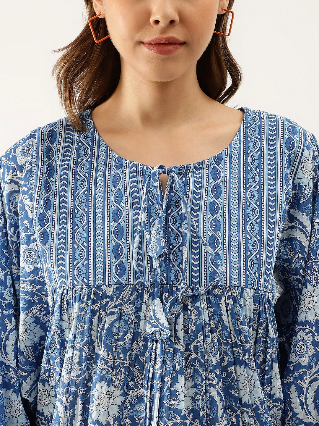 Blue  Printed Cotton Peplum Top