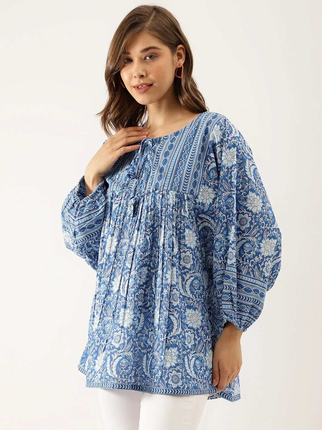 Blue  Printed Cotton Peplum Top