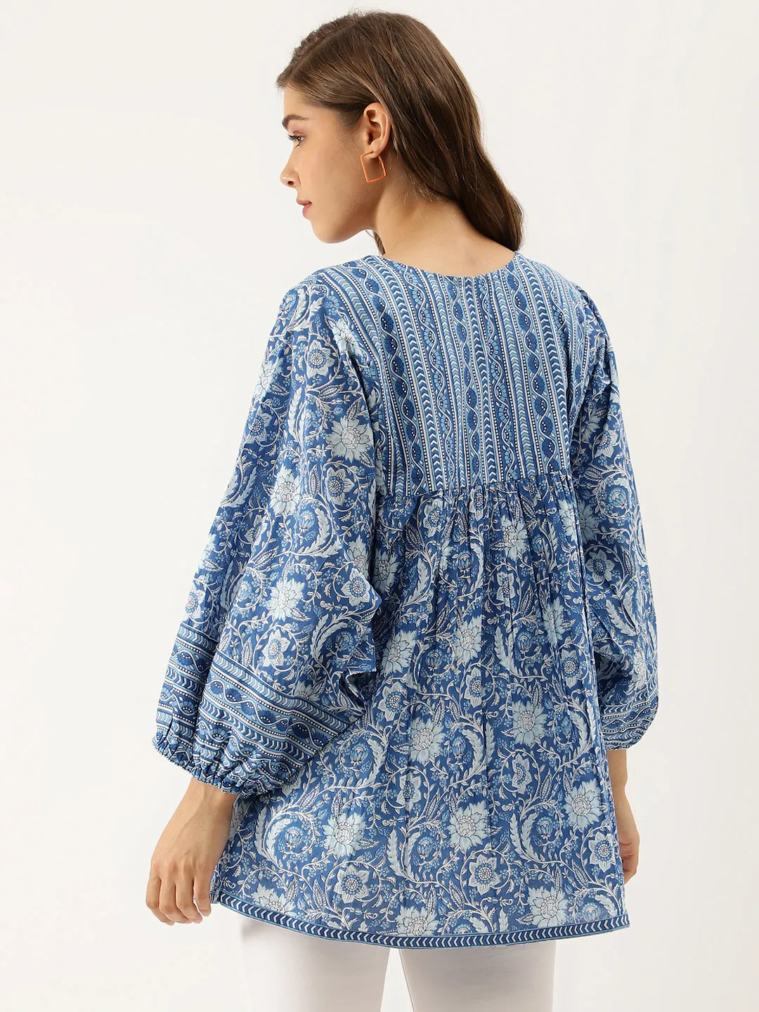 Blue  Printed Cotton Peplum Top