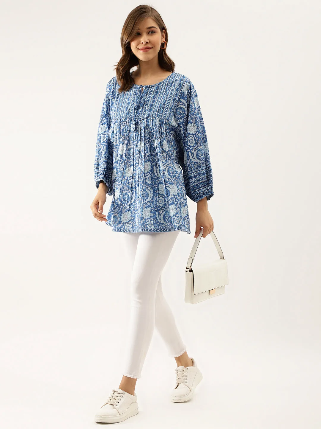 Blue  Printed Cotton Peplum Top
