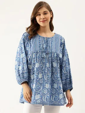 Blue  Printed Cotton Peplum Top
