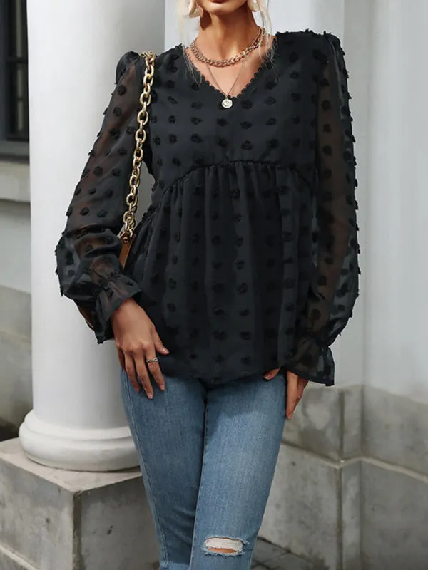 Bohemian Black Swiss Dot V-Neck Long Sleeve Blouse