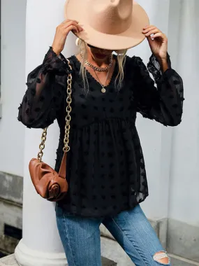 Bohemian Black Swiss Dot V-Neck Long Sleeve Blouse