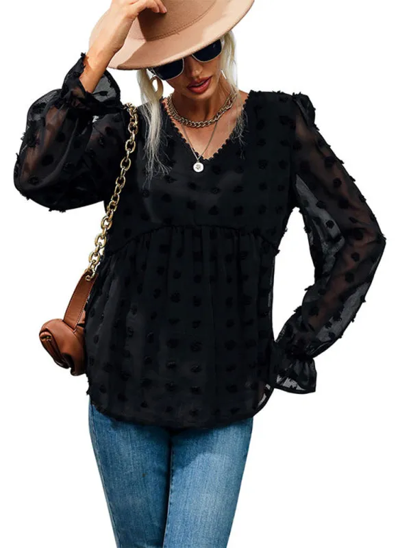 Bohemian Black Swiss Dot V-Neck Long Sleeve Blouse