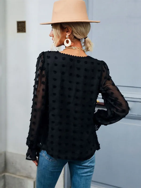 Bohemian Black Swiss Dot V-Neck Long Sleeve Blouse