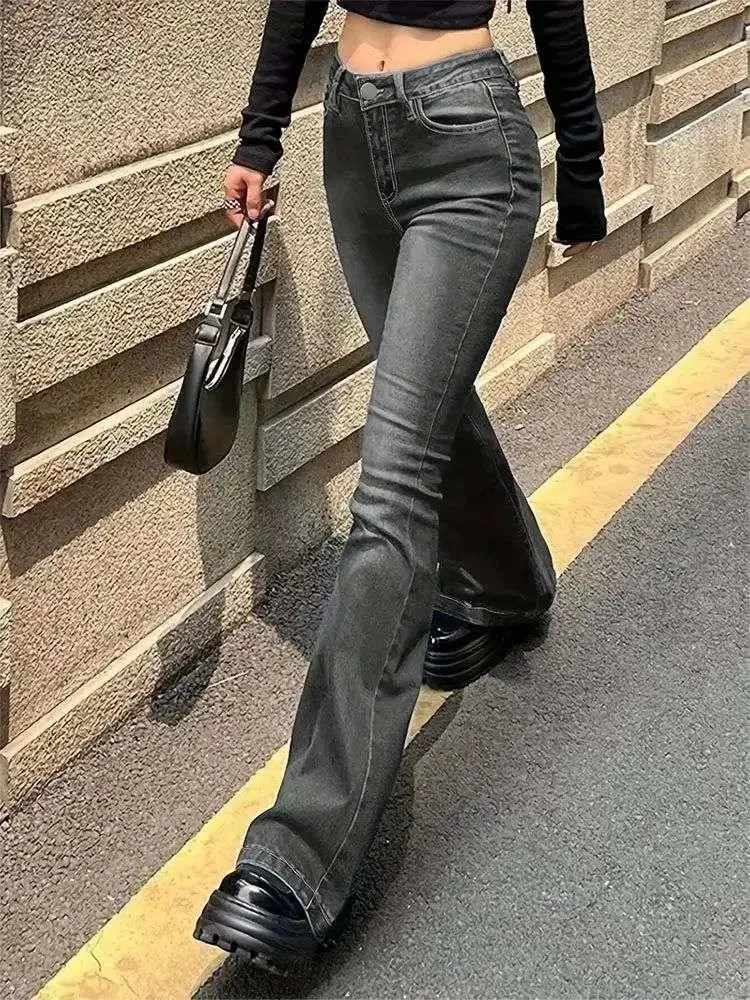 Bonnyshow Vintage Flared Stretch Jeans Women High Waist Skinny Boot Cut Gray Denim Pants Y2K Punk Streetwear Wide Leg Trousers
