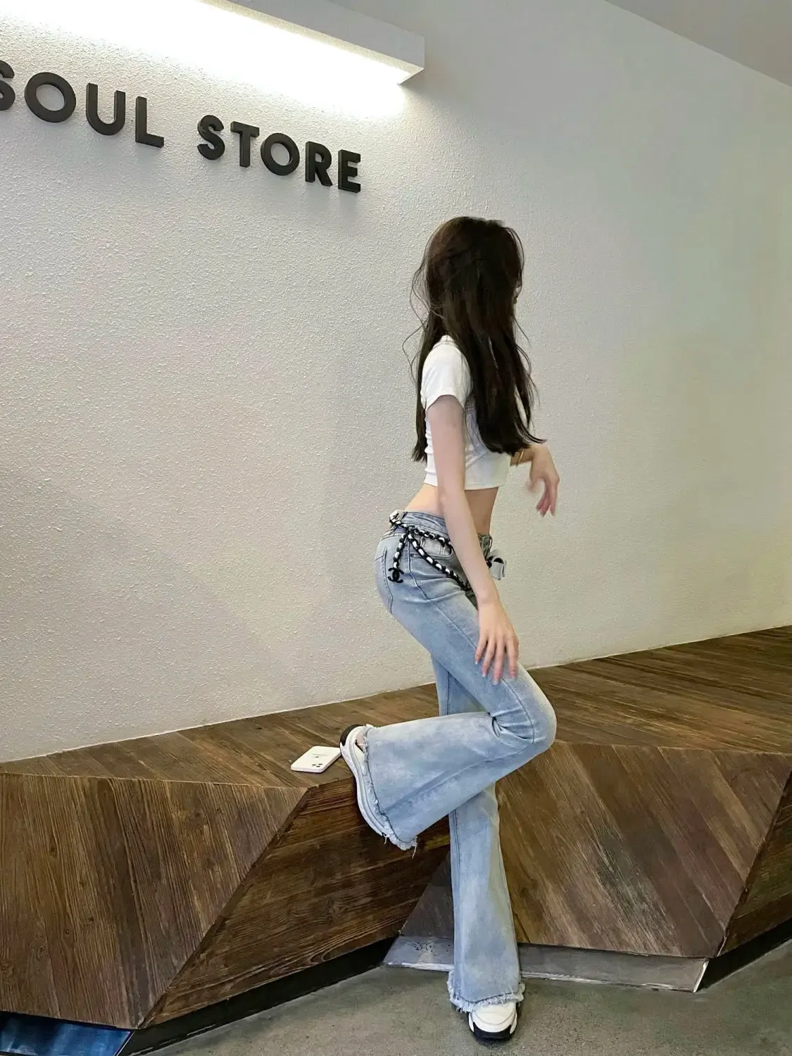 Bonnyshow -Womens Jeans Flared Trousers Blue Woman Pants Bell Bottom Skinny Slim Fit Low Rise Waist Flare with Pockets Wide Leg Grunge Y2k