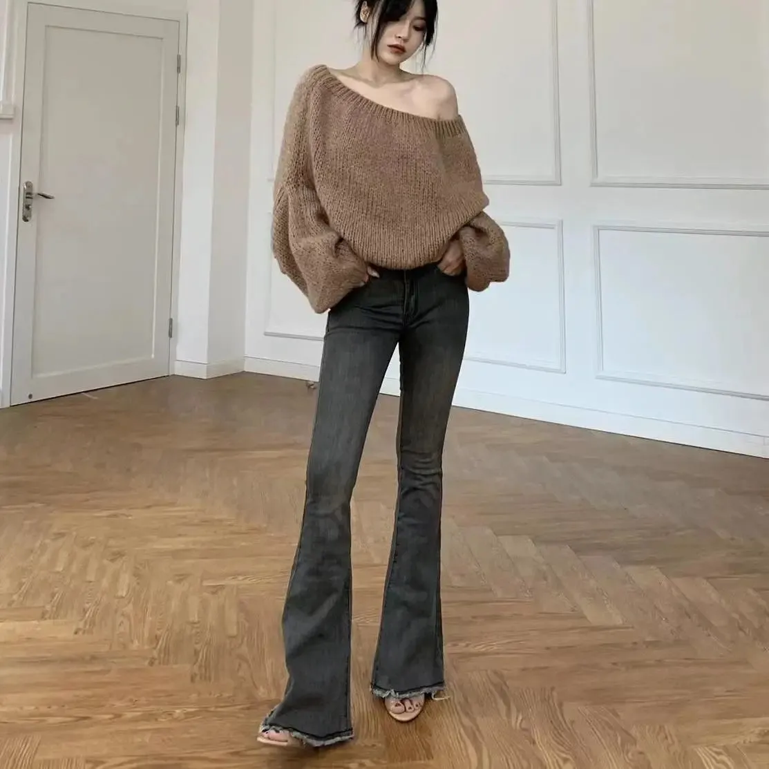 Bonnyshow -Womens Jeans Flared Trousers Blue Woman Pants Bell Bottom Skinny Slim Fit Low Rise Waist Flare with Pockets Wide Leg Grunge Y2k
