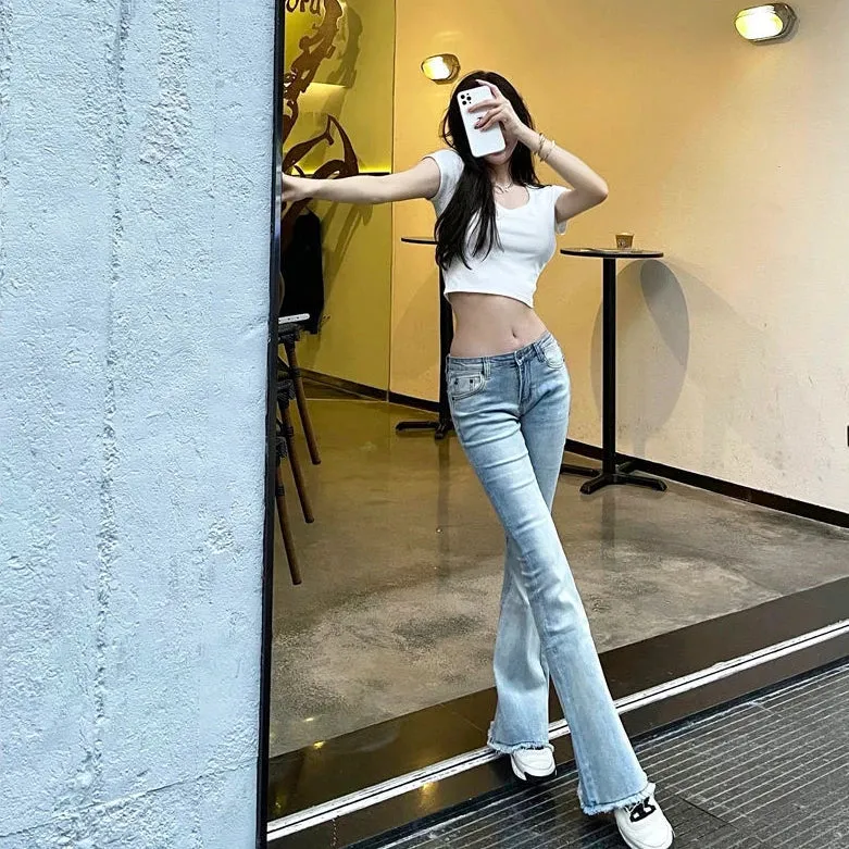 Bonnyshow -Womens Jeans Flared Trousers Blue Woman Pants Bell Bottom Skinny Slim Fit Low Rise Waist Flare with Pockets Wide Leg Grunge Y2k