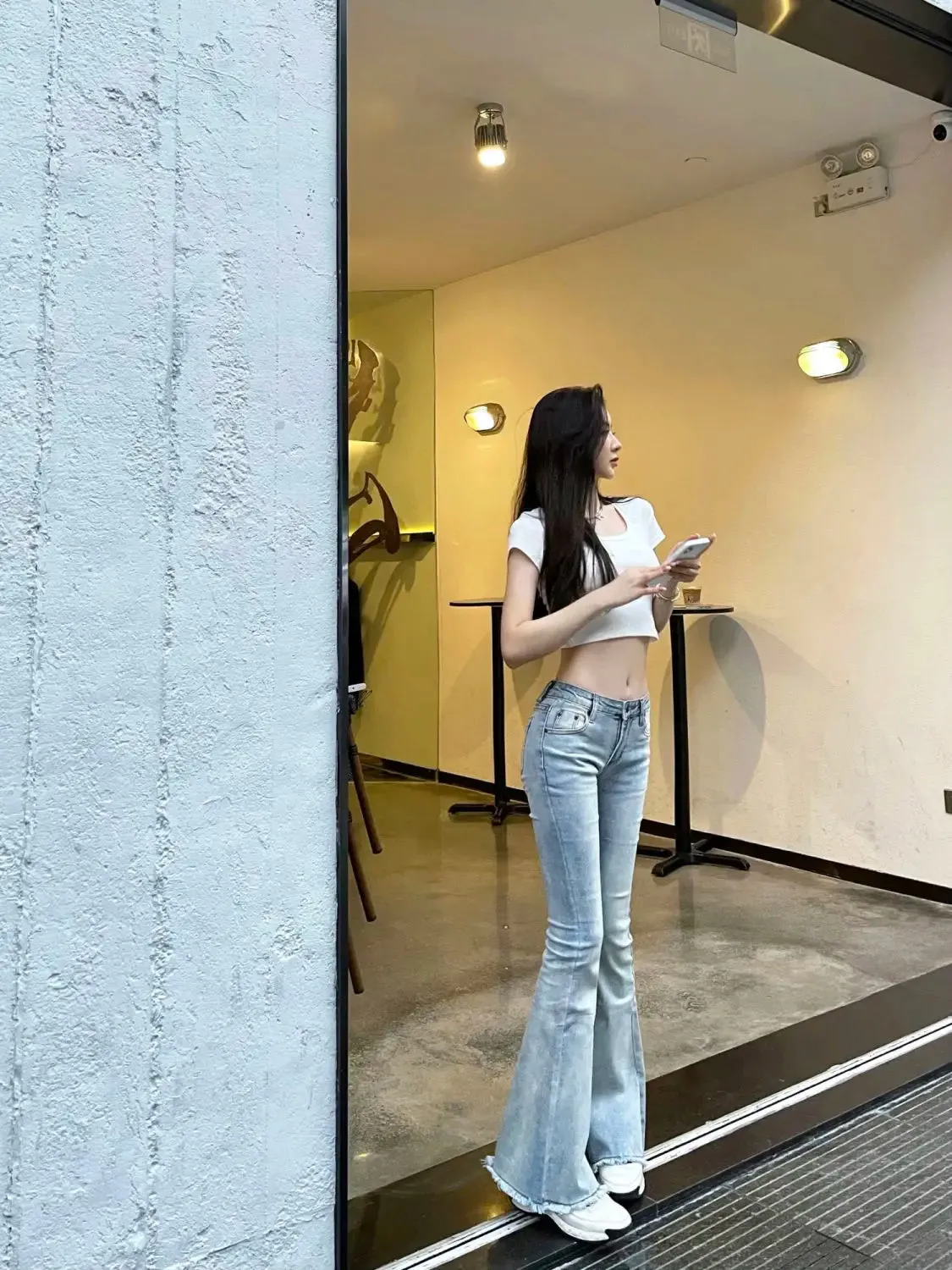 Bonnyshow -Womens Jeans Flared Trousers Blue Woman Pants Bell Bottom Skinny Slim Fit Low Rise Waist Flare with Pockets Wide Leg Grunge Y2k