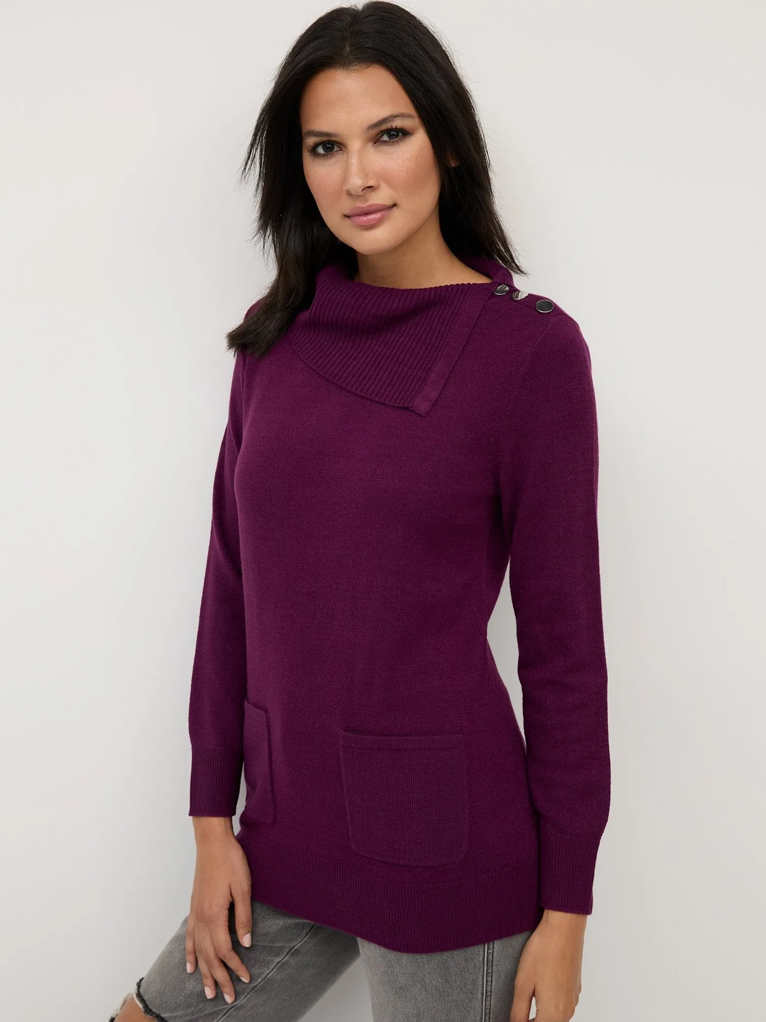 Button-Detail Cowl-Neck Tunic Sweater