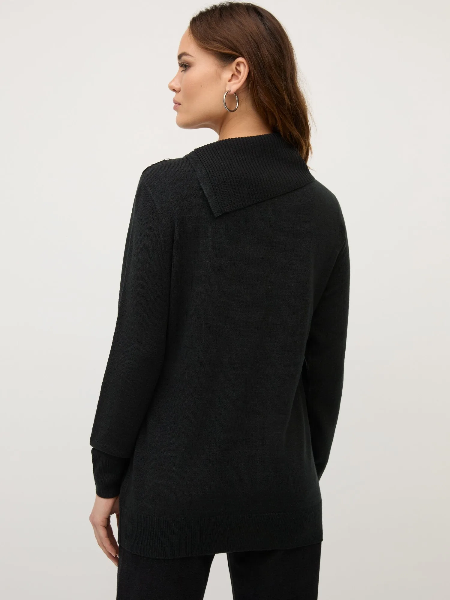 Button-Detail Cowl-Neck Tunic Sweater
