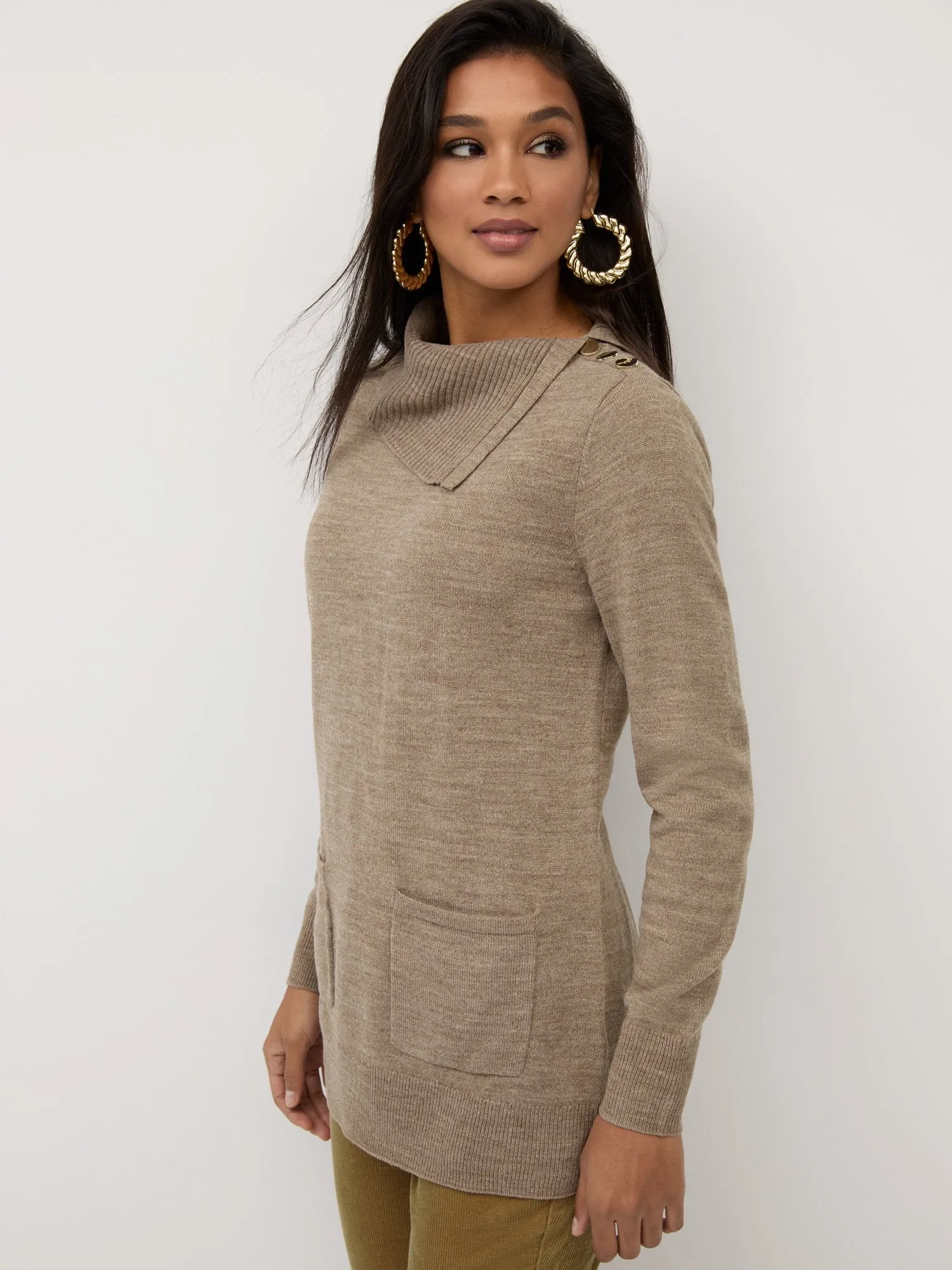 Button-Detail Cowl-Neck Tunic Sweater