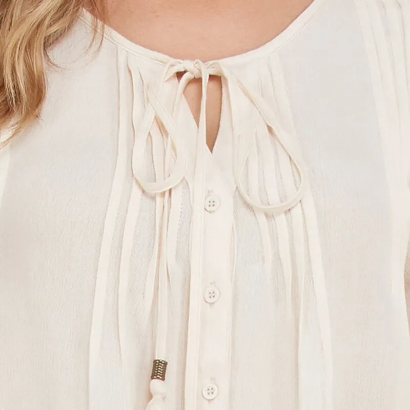Button Down Tassel Tie Blouse Cream