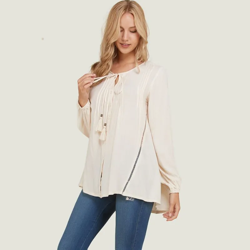 Button Down Tassel Tie Blouse Cream