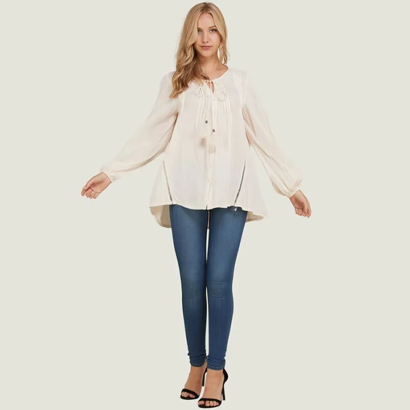 Button Down Tassel Tie Blouse Cream