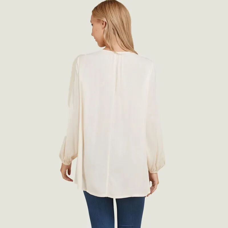 Button Down Tassel Tie Blouse Cream