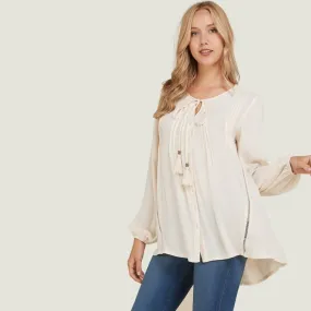 Button Down Tassel Tie Blouse Cream