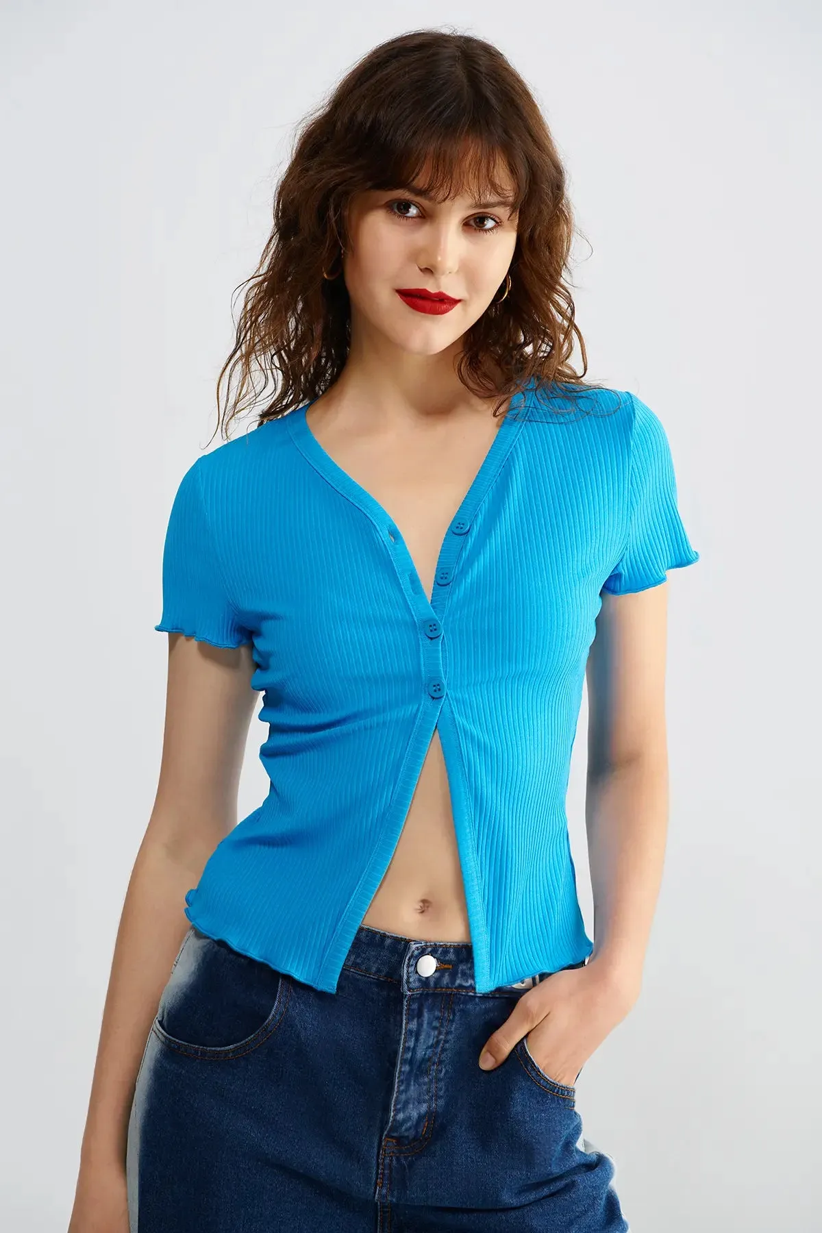 Button Front Lettuce Trim Rib Top