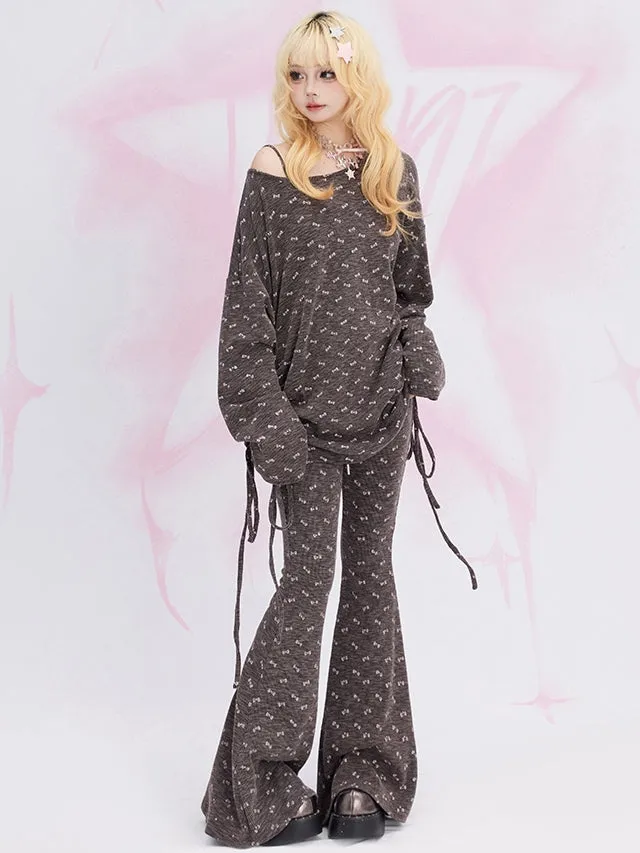 Coffee Bowknot Allover Print Flared Pants