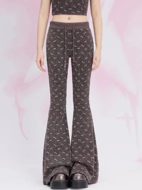 Coffee Bowknot Allover Print Flared Pants