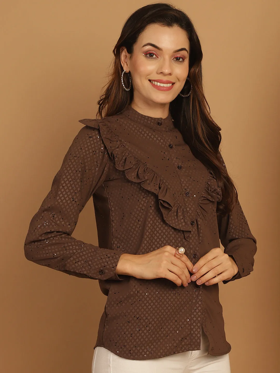 Coffee Brown Woven Design Frill Top