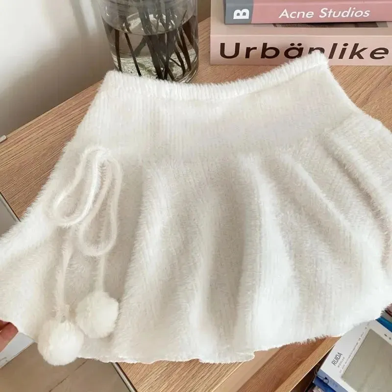 Coquette White Mini Skirt Women Kawaii Ruffle Patchwork Lace-up Knitted High Waist A-line Fleece Short Skirt Cute Spring