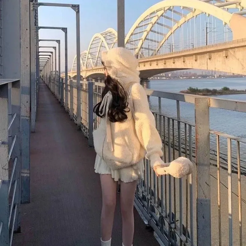 Coquette White Mini Skirt Women Kawaii Ruffle Patchwork Lace-up Knitted High Waist A-line Fleece Short Skirt Cute Spring