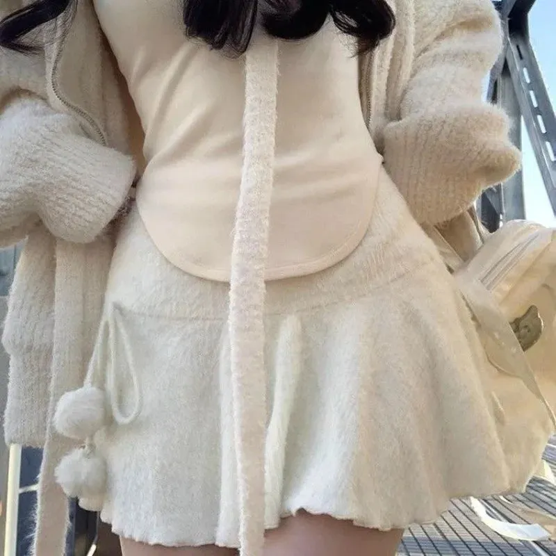 Coquette White Mini Skirt Women Kawaii Ruffle Patchwork Lace-up Knitted High Waist A-line Fleece Short Skirt Cute Spring