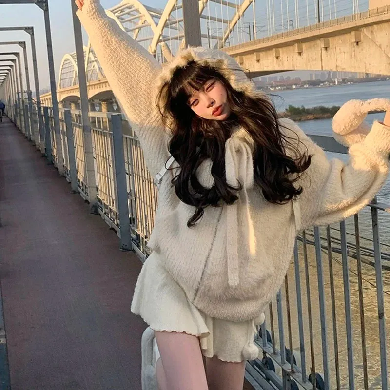 Coquette White Mini Skirt Women Kawaii Ruffle Patchwork Lace-up Knitted High Waist A-line Fleece Short Skirt Cute Spring