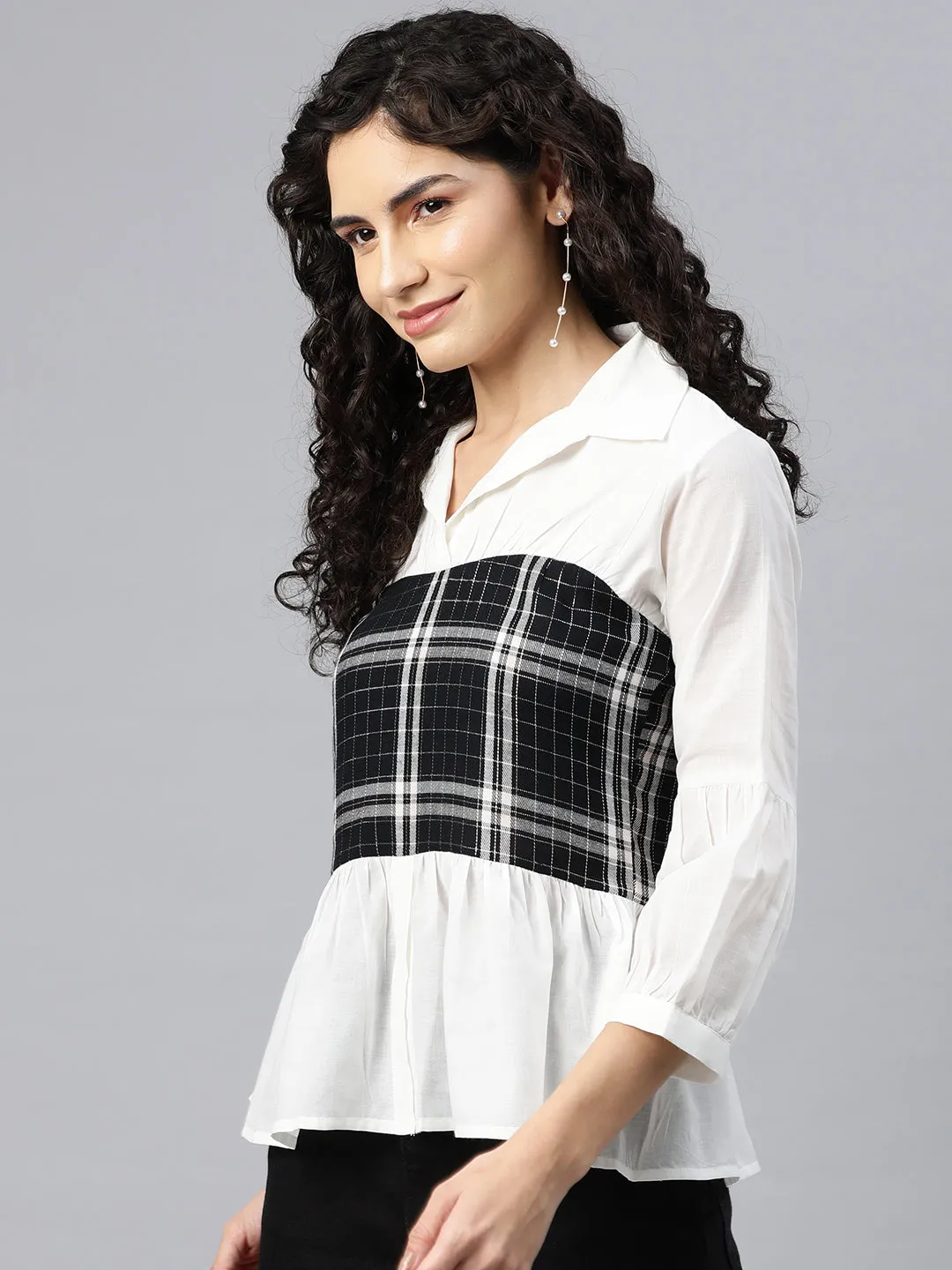 Cottinfab Women Checkered Cotton Peplum Top