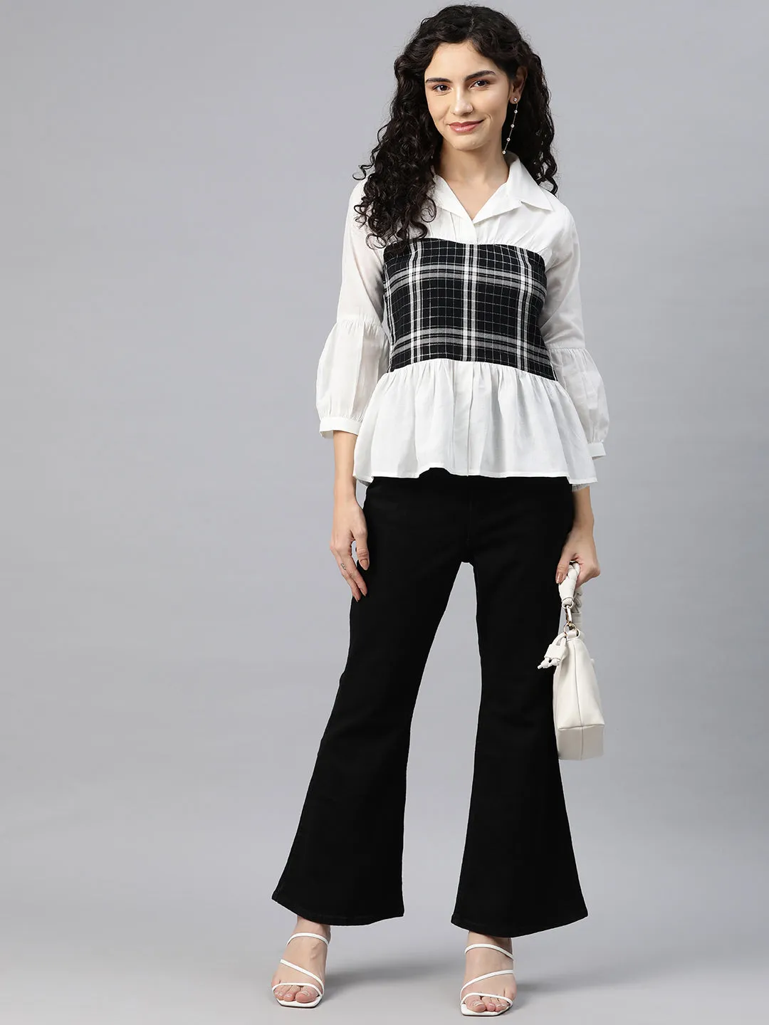 Cottinfab Women Checkered Cotton Peplum Top