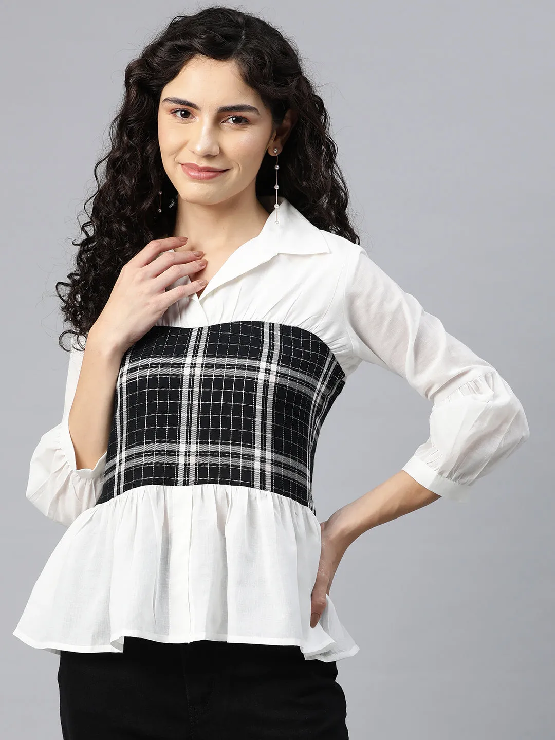 Cottinfab Women Checkered Cotton Peplum Top