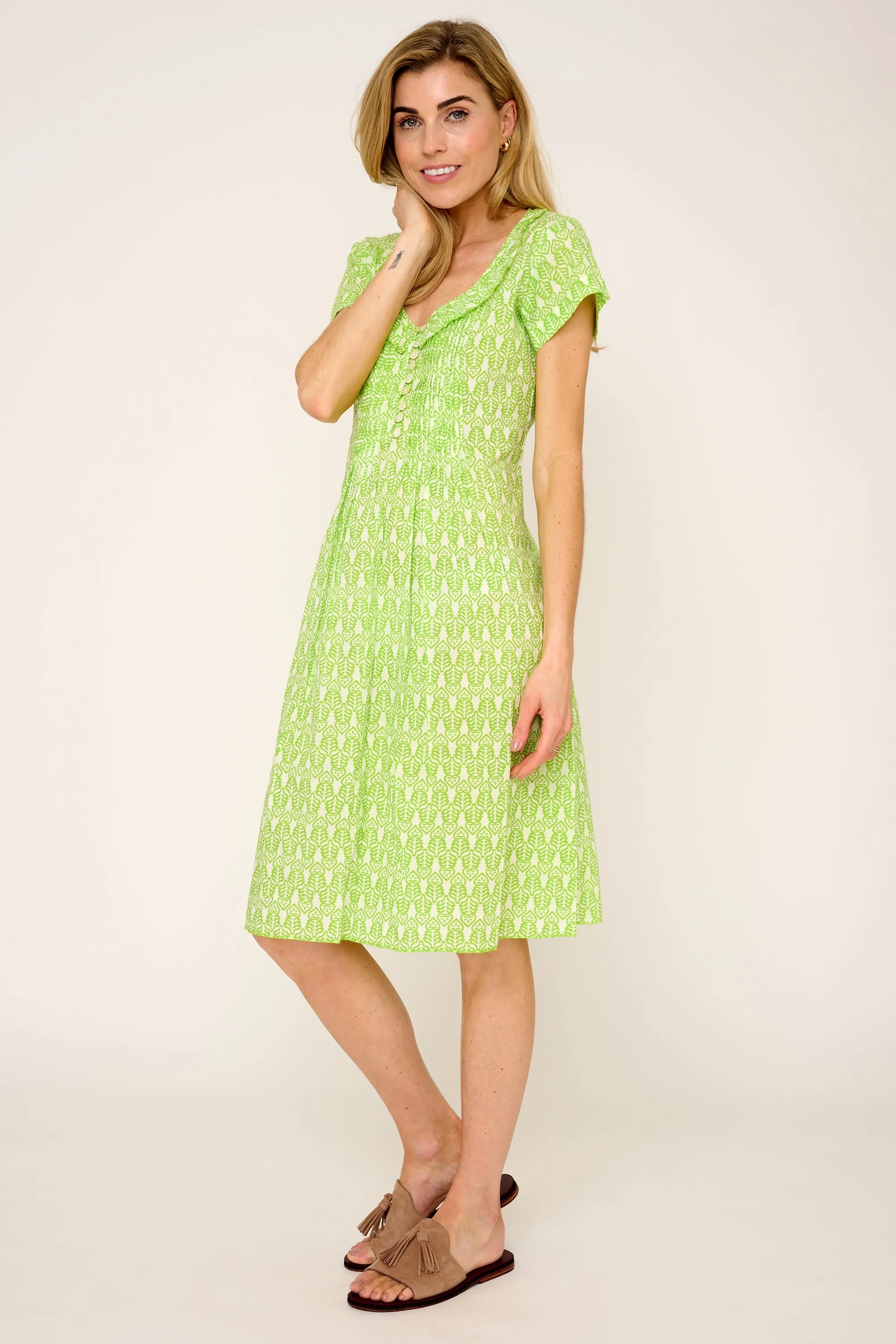 Cotton Karen Short Sleeve Day Dress in Fresh Lime & White