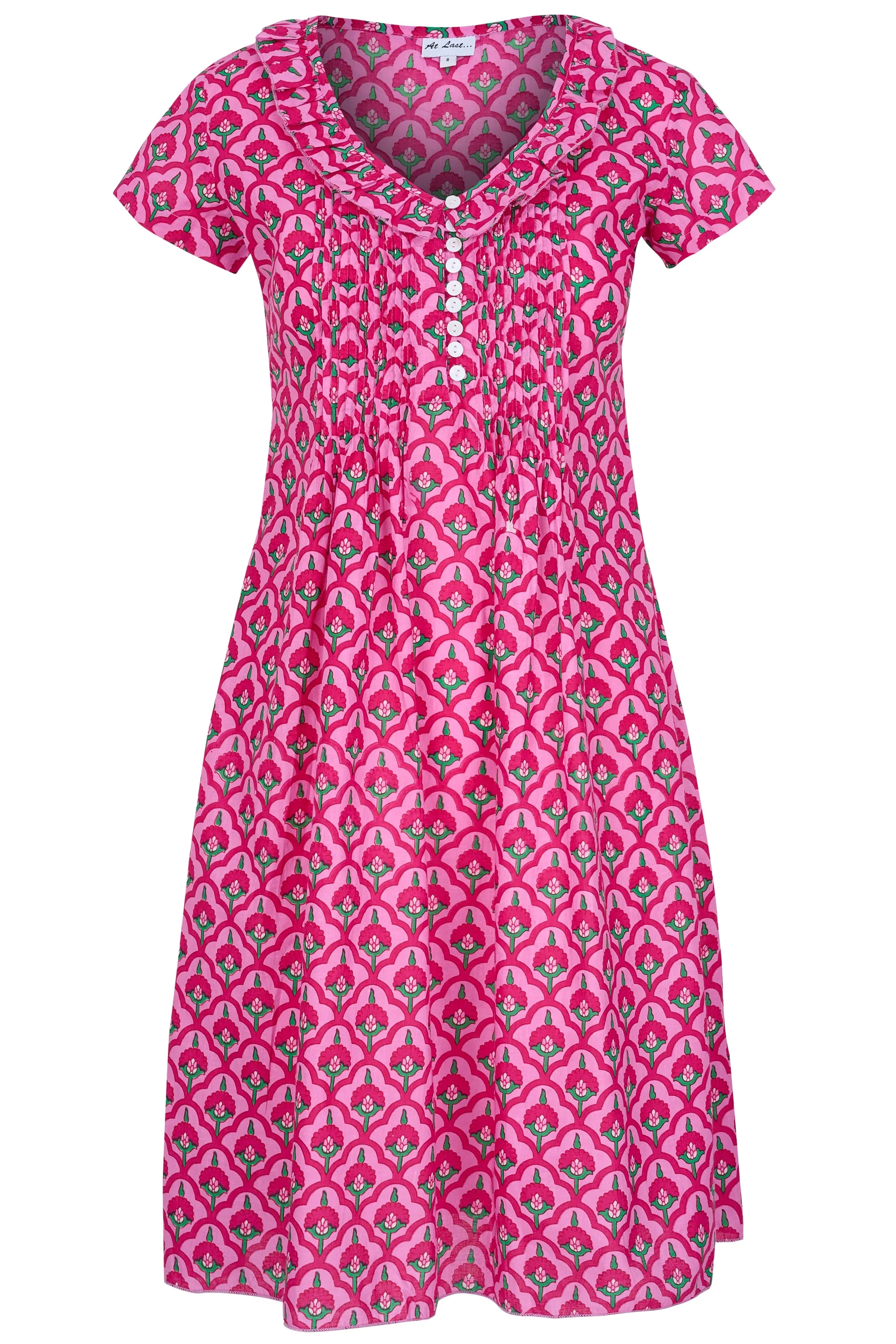 Cotton Karen Short Sleeve Day Dress in Pink & Green Moroccan