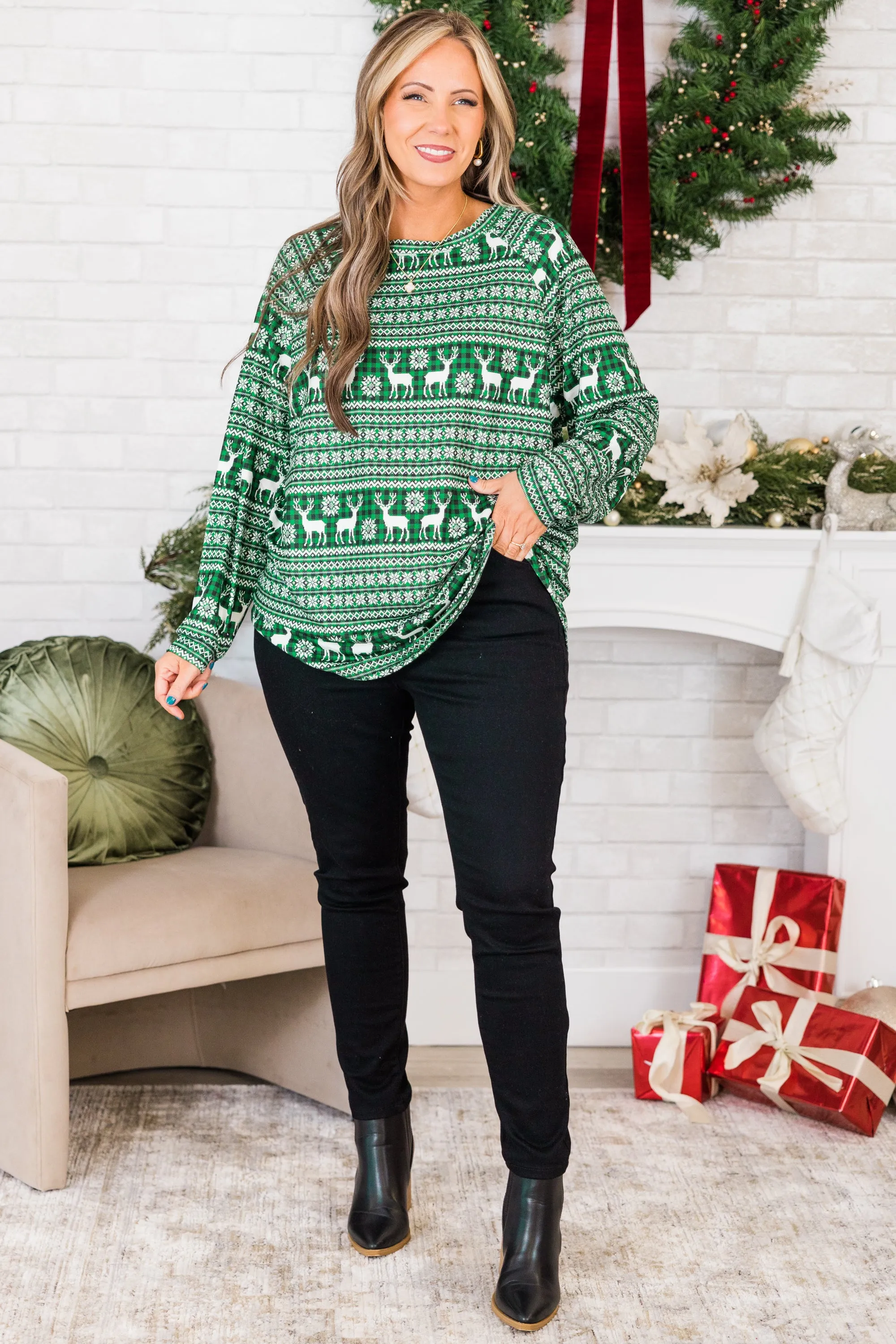 Curved Hem Slouchy Dolman Tunic, Festive Green