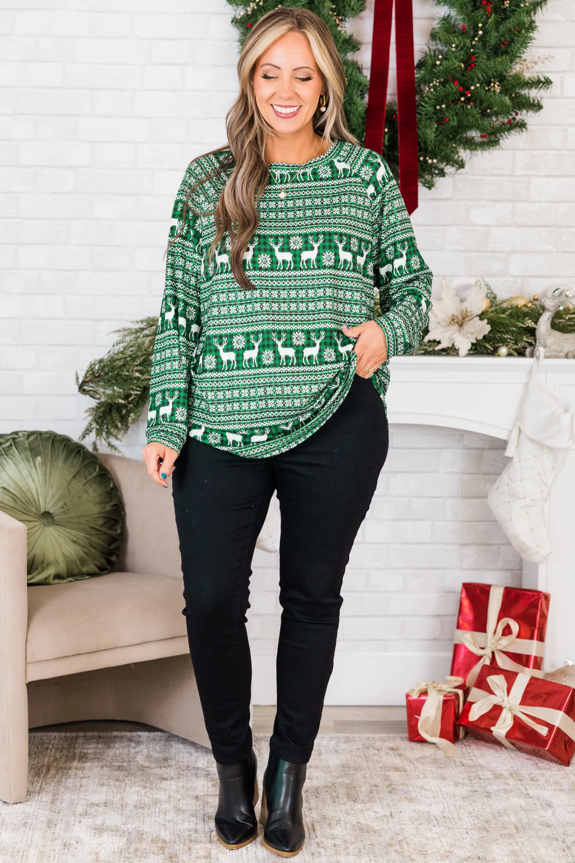 Curved Hem Slouchy Dolman Tunic, Festive Green