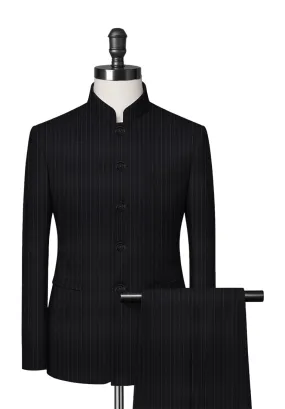 Dark Grey Pin Stripe Mandarin Collar Suit