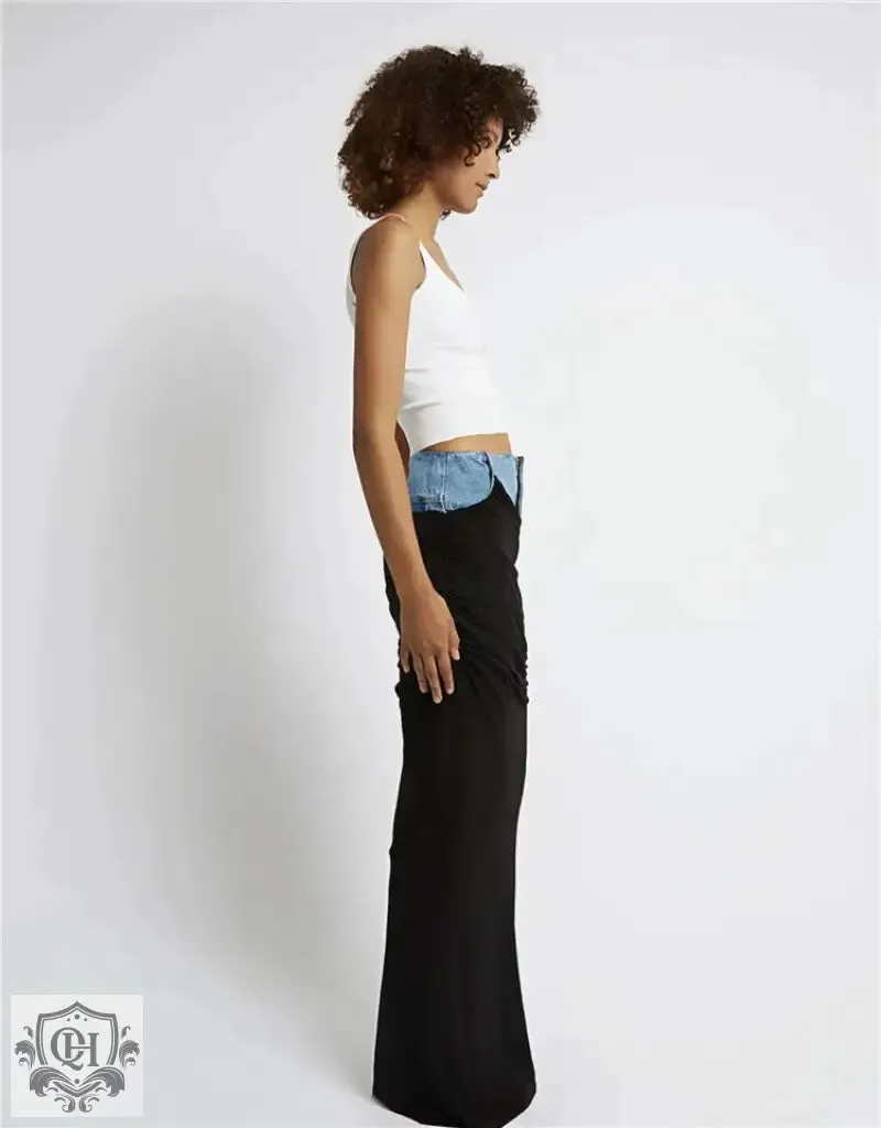 Deconstructed Pleated Denim Midi Skirt