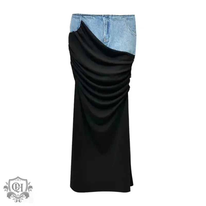 Deconstructed Pleated Denim Midi Skirt