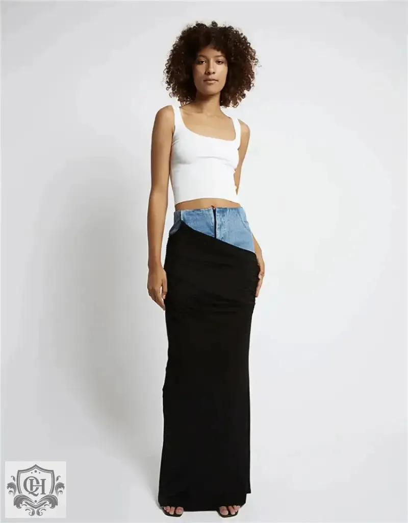 Deconstructed Pleated Denim Midi Skirt