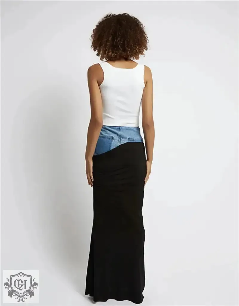 Deconstructed Pleated Denim Midi Skirt