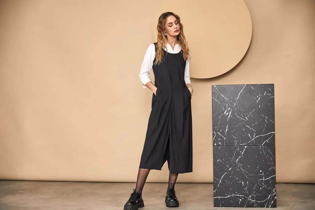 Dress with Inverted Pleat Front in Black