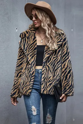 Dunnmall Fashion Tiger Stripe Pattern Lapel Coat