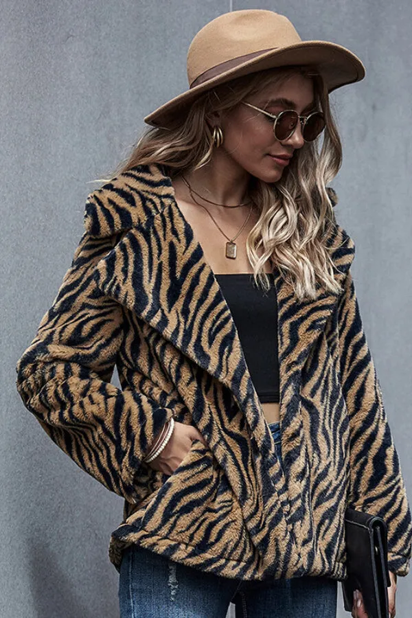 Dunnmall Fashion Tiger Stripe Pattern Lapel Coat