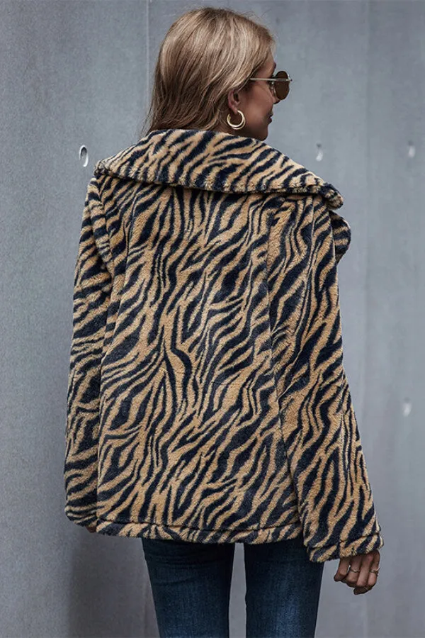 Dunnmall Fashion Tiger Stripe Pattern Lapel Coat