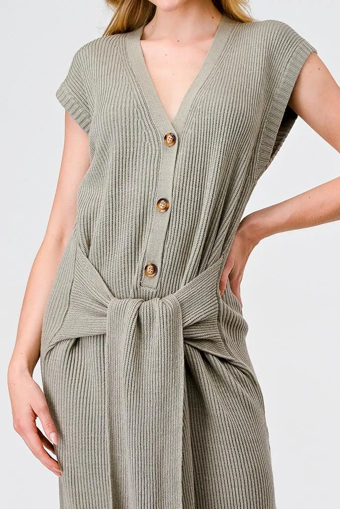 Dusty Olive Knit Button-Up Sleeveless Belted Midi Sweater Dress /3-2-1