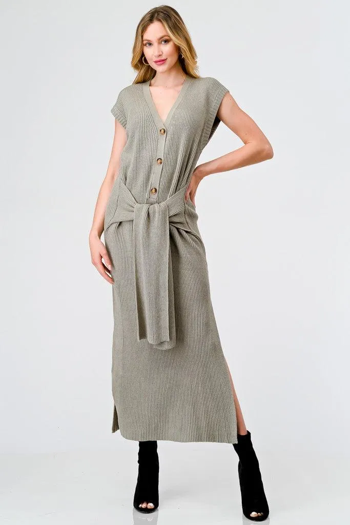 Dusty Olive Knit Button-Up Sleeveless Belted Midi Sweater Dress /3-2-1